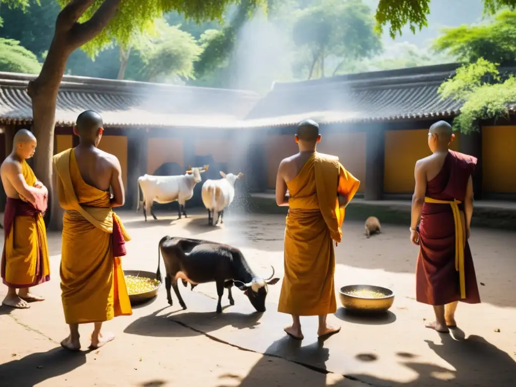 Bendición de animales en budismo: Monjes en saffron bendicen a animales en ceremonia solemne en un patio bajo la cálida luz del sol