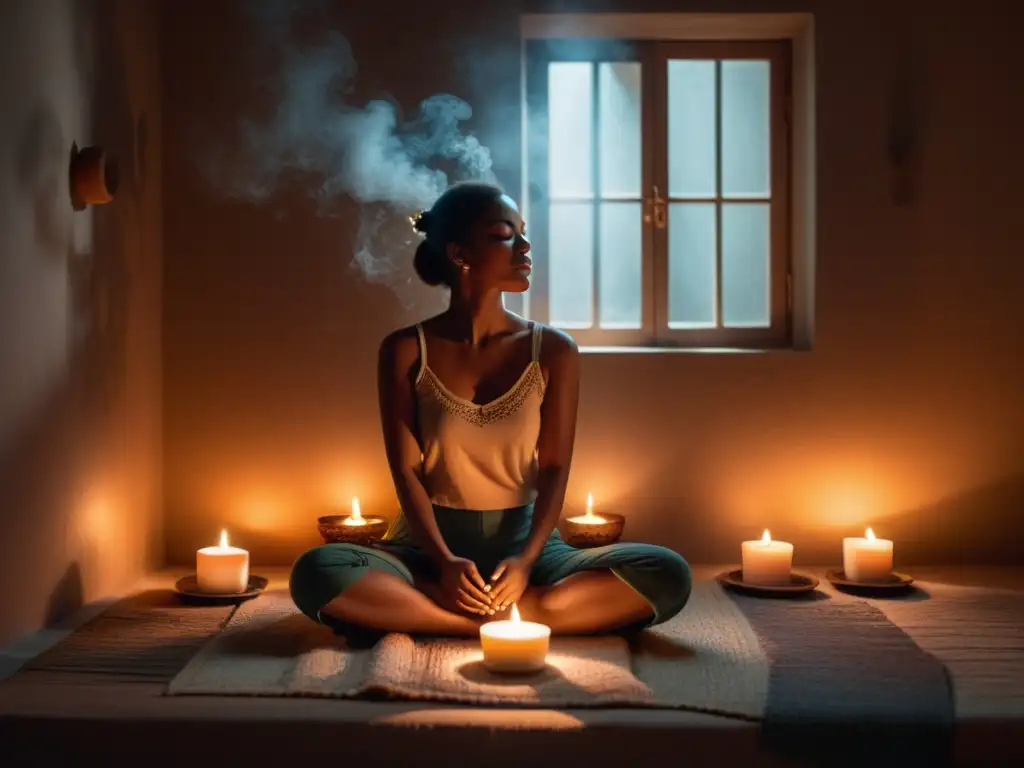 Bienestar en la meditación con mantras: persona meditando en un espacio tranquilo y acogedor, iluminado por velas y luz natural