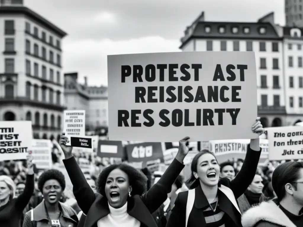 Una fotografía en blanco y negro de una multitud sosteniendo pancartas de protesta con determinación y pasión