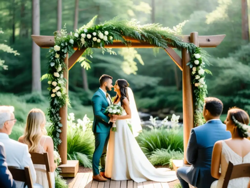 Boda al aire libre en un bosque verde, la novia frente a un arco natural adornado con flores y follaje, intercambiando votos en un ambiente sereno