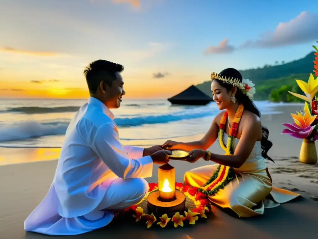 Una boda balinesa en la playa al atardecer con rituales matrimoniales y una atmósfera encantadora