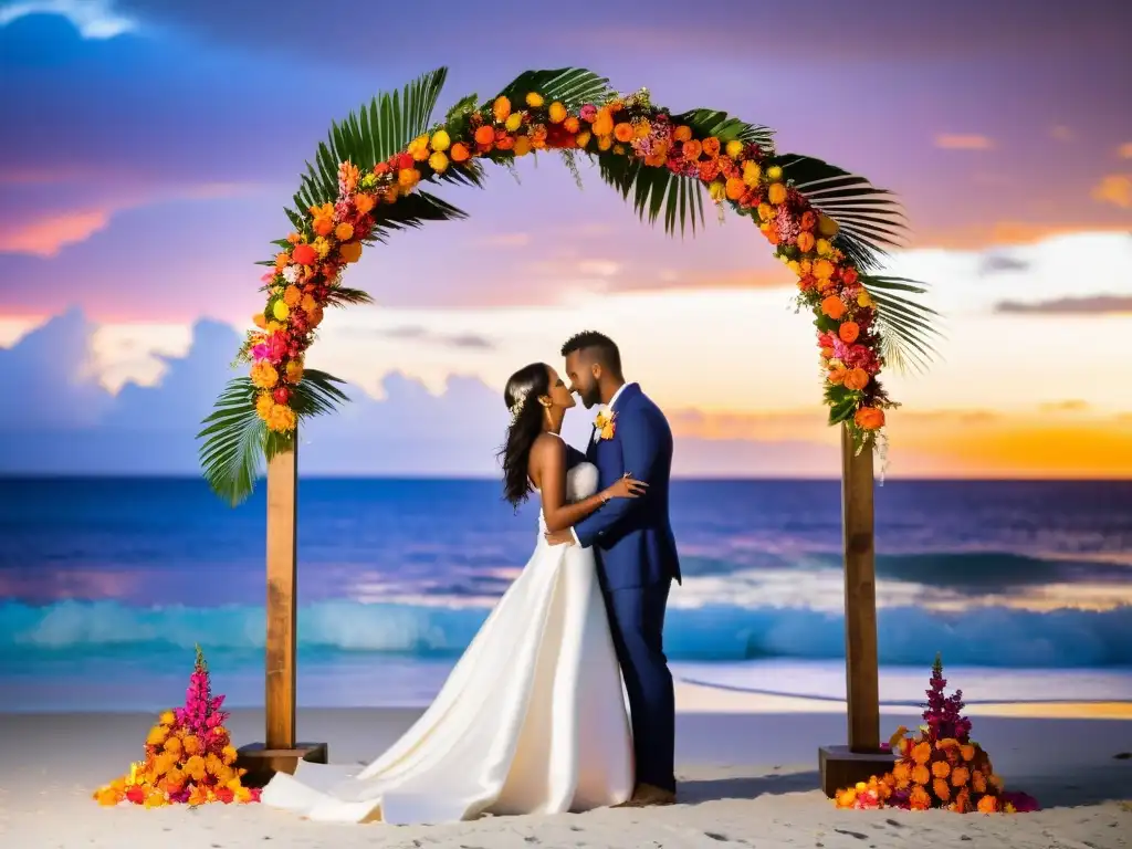 Una boda de ensueño en una remota isla tropical al atardecer, con el cielo naranja y rosa reflejándose en el mar, una hermosa arco floral y la pareja feliz intercambiando votos