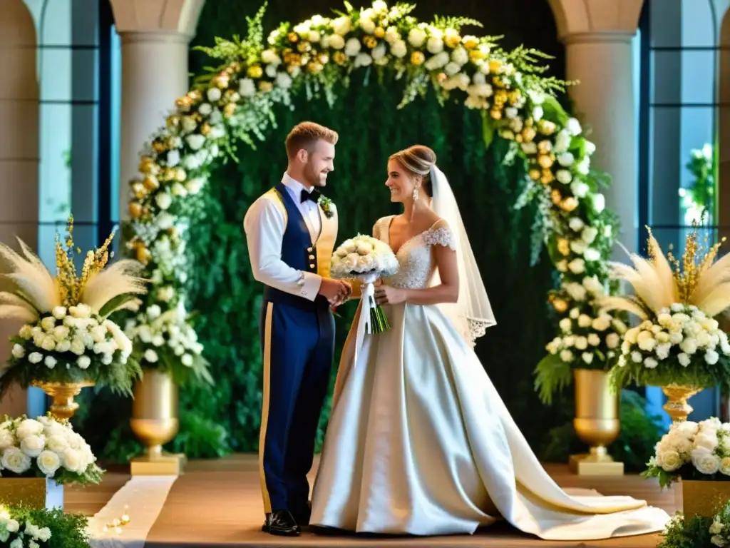 Boda europea tradicional, novios cortando cinta en altar rodeados de flores y decoraciones