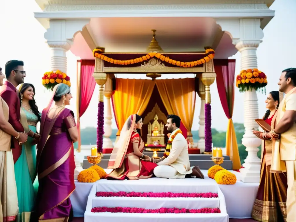 Una boda hindú llena de color y tradición en un templo indio, donde la pareja realiza la evolución de votos matrimoniales entre familiares y amigos, con decoración exquisita y una atmósfera espiritual