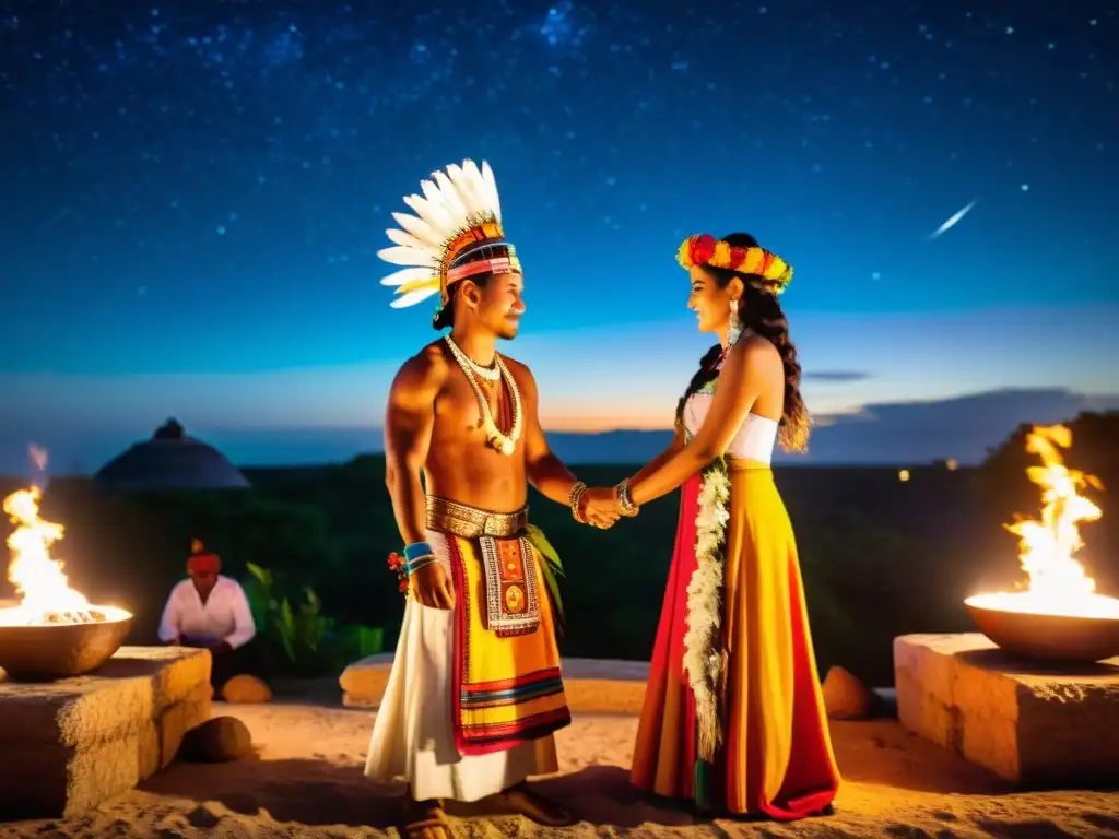 Una boda maya nocturna con rituales sagrados bajo el cielo estrellado