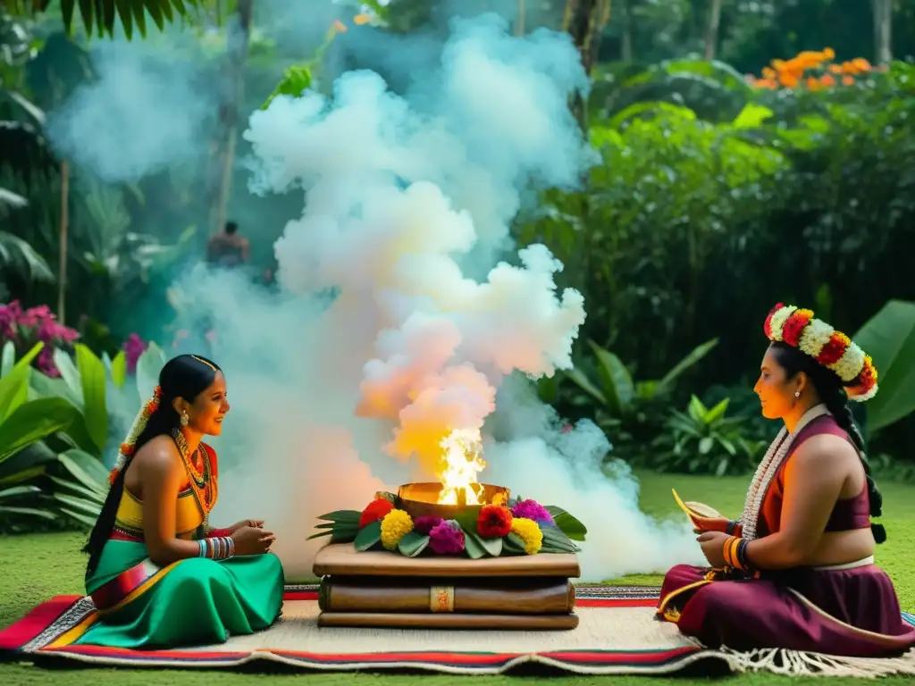 Boda maya en la selva con rituales y vestimenta tradicional, bendición del chamán y humo de copal