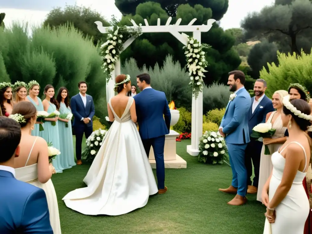 Boda sagrada en jardín griego con novia de blanco, novio en atuendo tradicional, rodeados de dioses y criaturas míticas