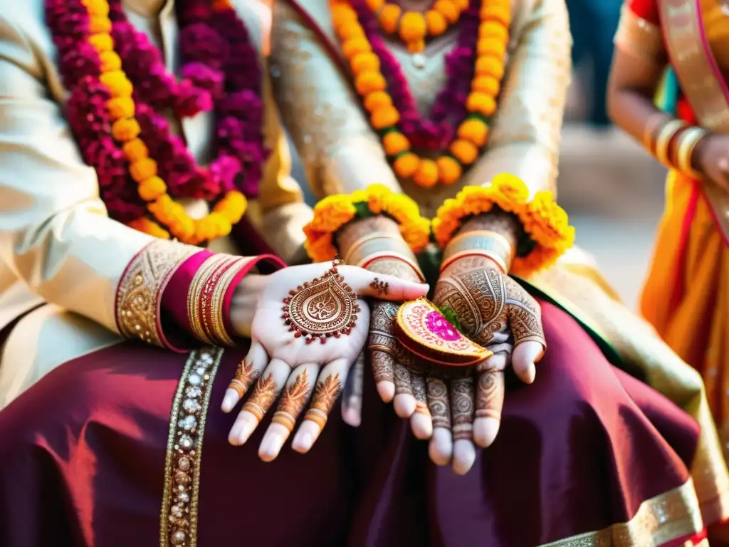 Una boda hindú tradicional con simbología oculta en ritos matrimoniales, henna en las manos de la novia y coloridas decoraciones florales