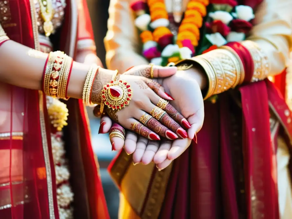 Una boda hindú en un templo con simbología oculta en ritos matrimoniales, la novia con un sari rojo y el novio en traje tradicional