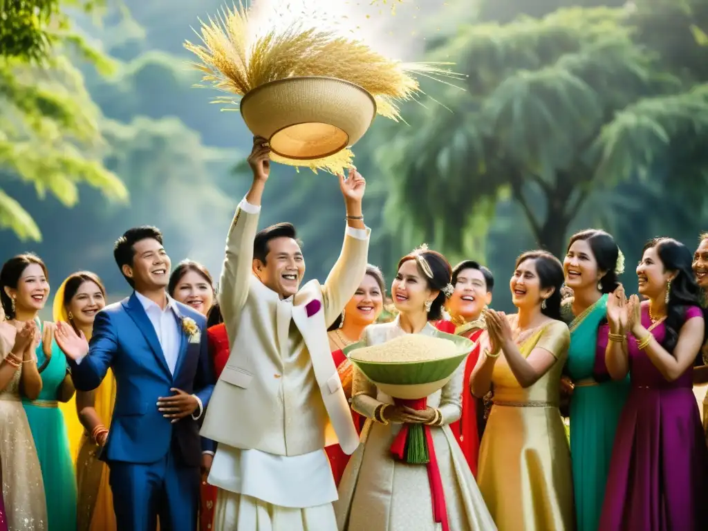 Boda tradicional en el campo con lanzamiento de arroz, reflejando amor y tradición