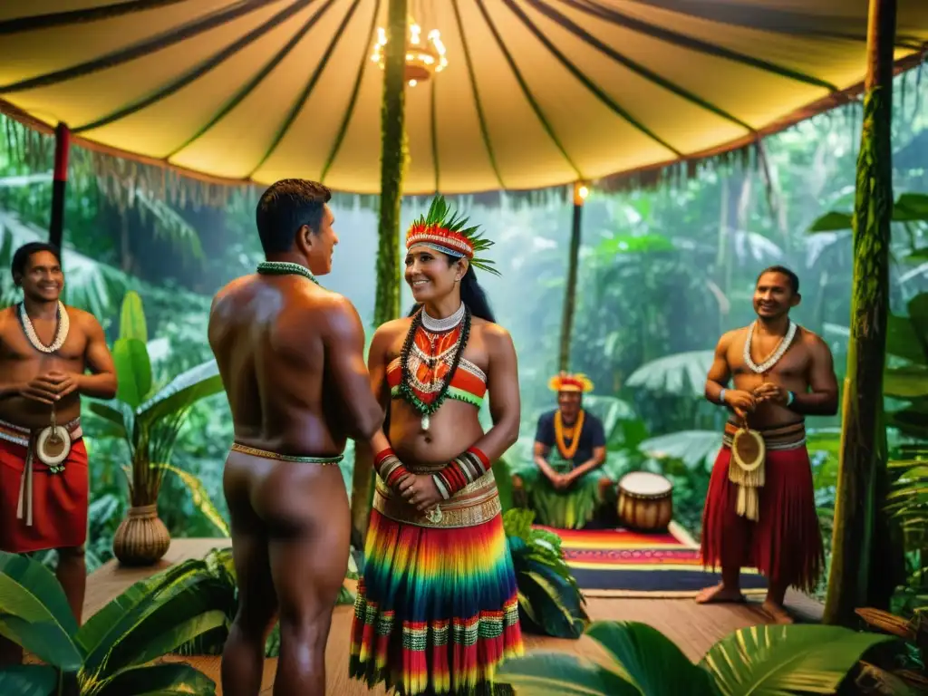 Una boda tradicional amazónica bajo el dosel de la selva, con rituales de matrimonio amazónico y una vibrante ceremonia tribal