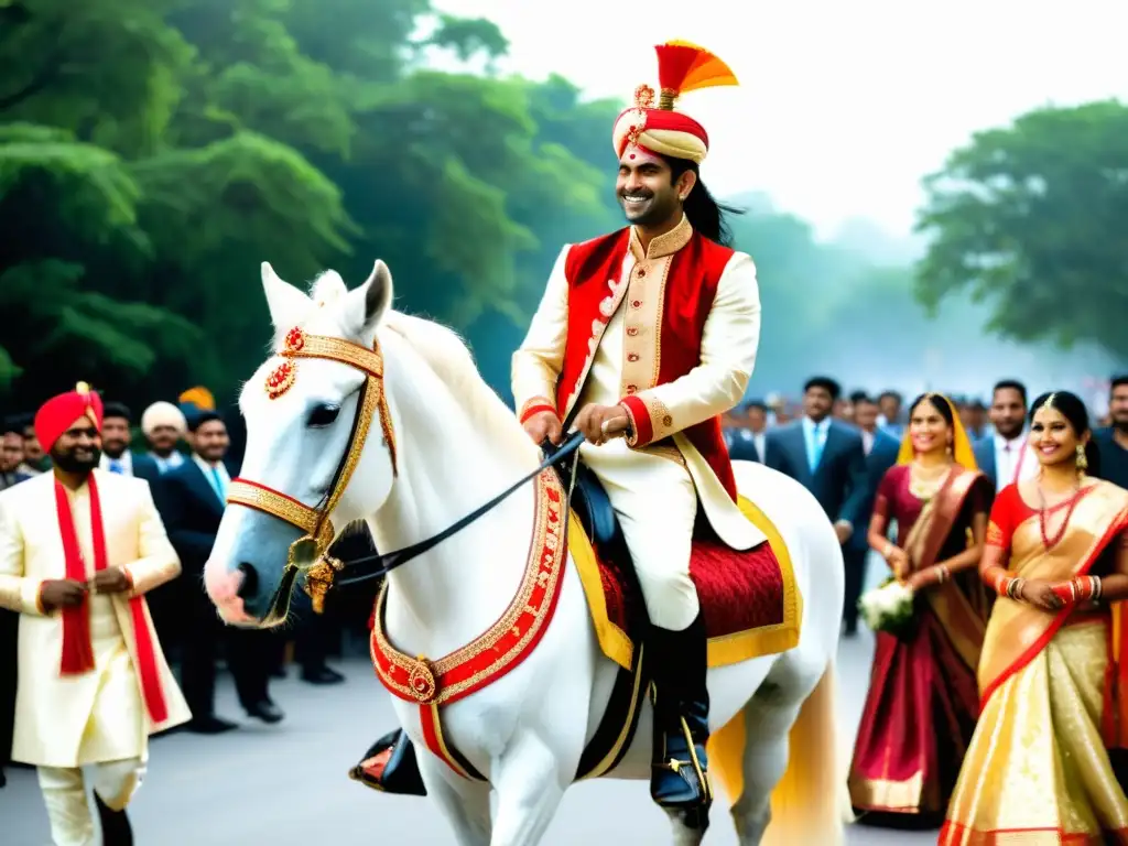 Procesión de boda tradicional india con el novio en un caballo blanco decorado, músicos, bailarines y familiares