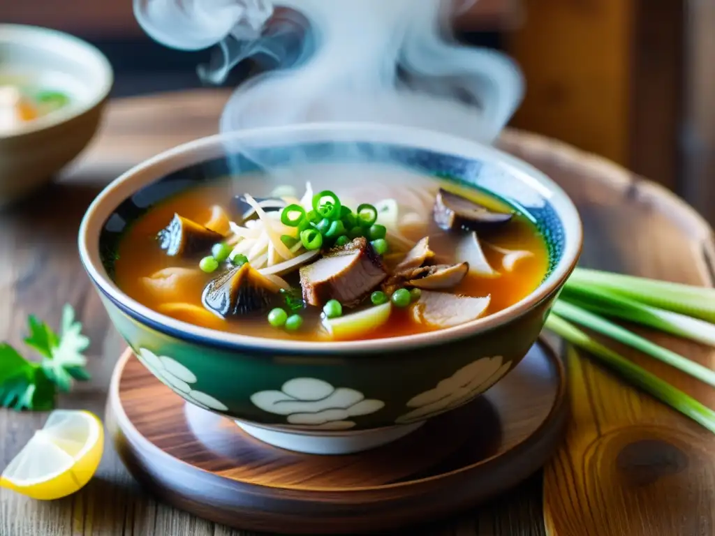 Un bol de cerámica japonés rebosante de sopa con cerdo y setas, evocando las recetas de sopas y caldos en rituales