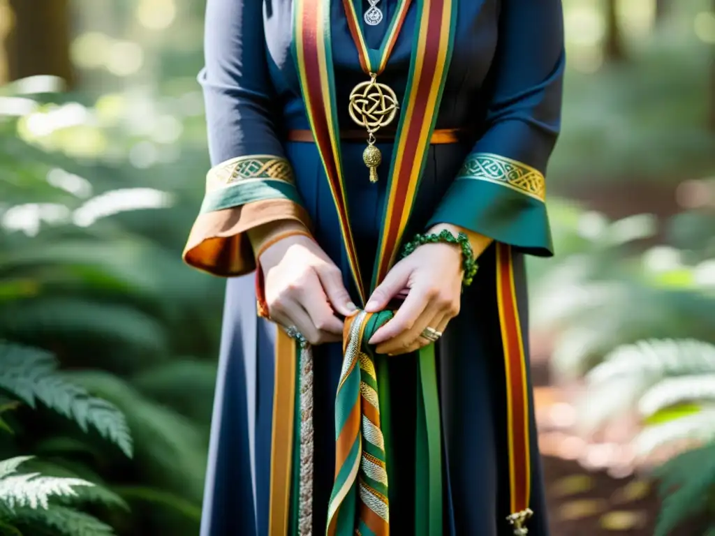 En un bosque antiguo, una pareja se une con un cordón de handfasting, simbolizando amor eterno