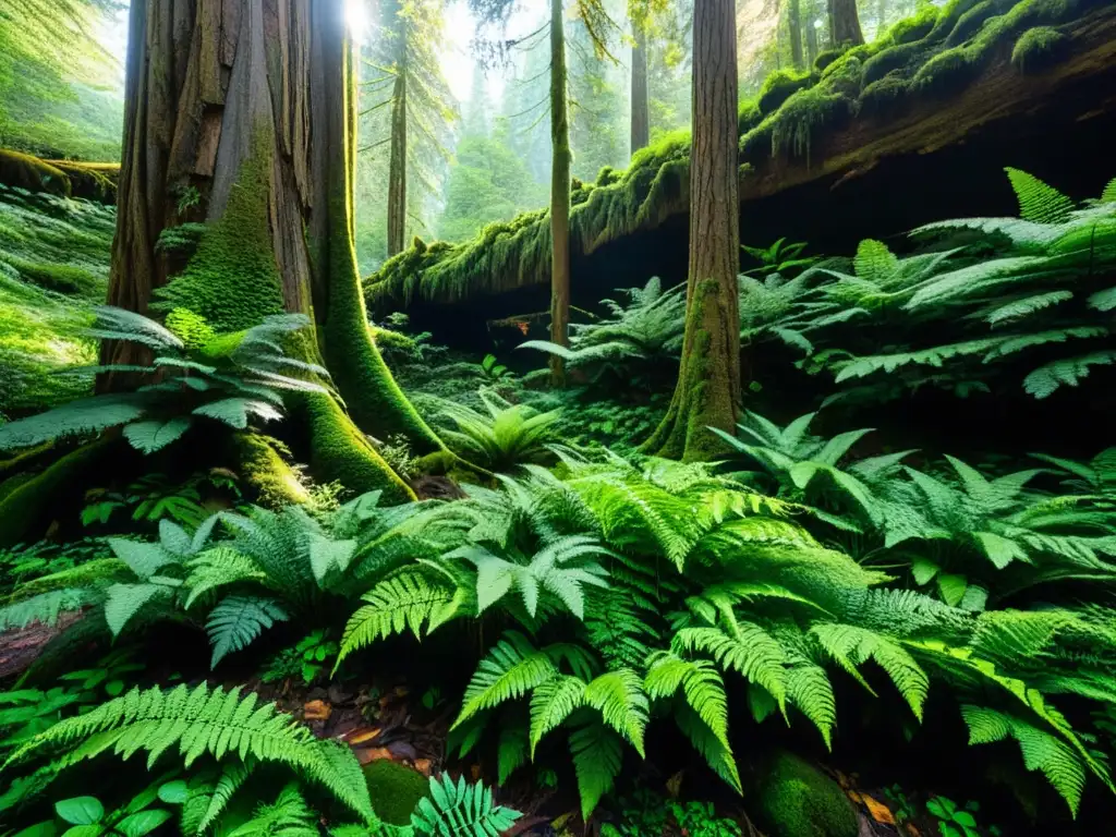 Un bosque denso con árboles antiguos, raíces retorcidas y un arroyo cristalino