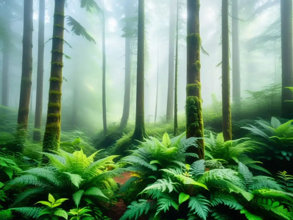 Un bosque exuberante envuelto en neblina, con árboles frondosos y una atmósfera tranquila que invita a disfrutar de los beneficios de la naturaleza