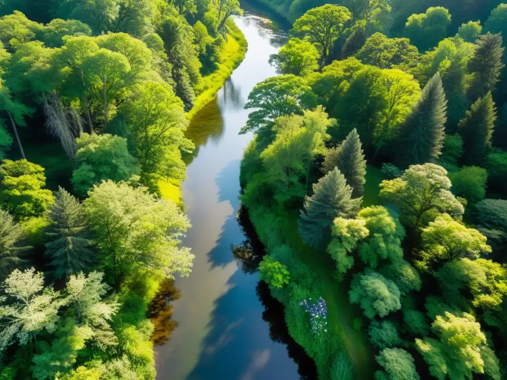 Un bosque exuberante con luz solar filtrándose entre los árboles y un arroyo sereno reflejando la naturaleza