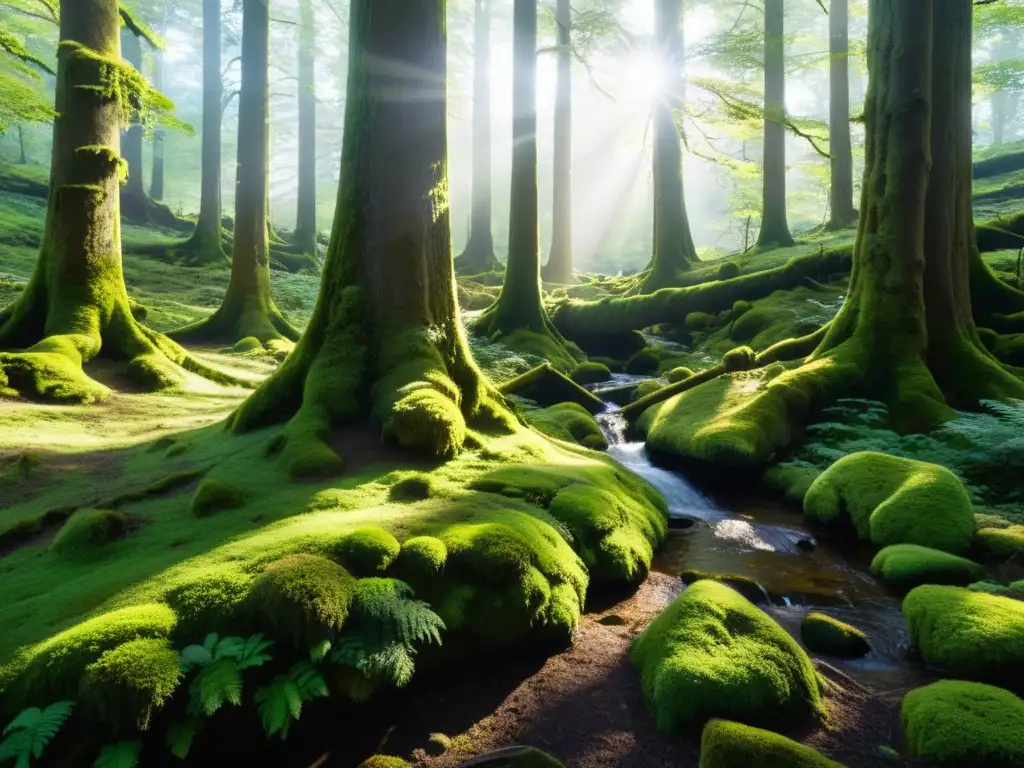 Bosque ancestral: misterio y serenidad en un paisaje verde Un bosque exuberante con robles centenarios, musgo verde vibrante y un arroyo sereno