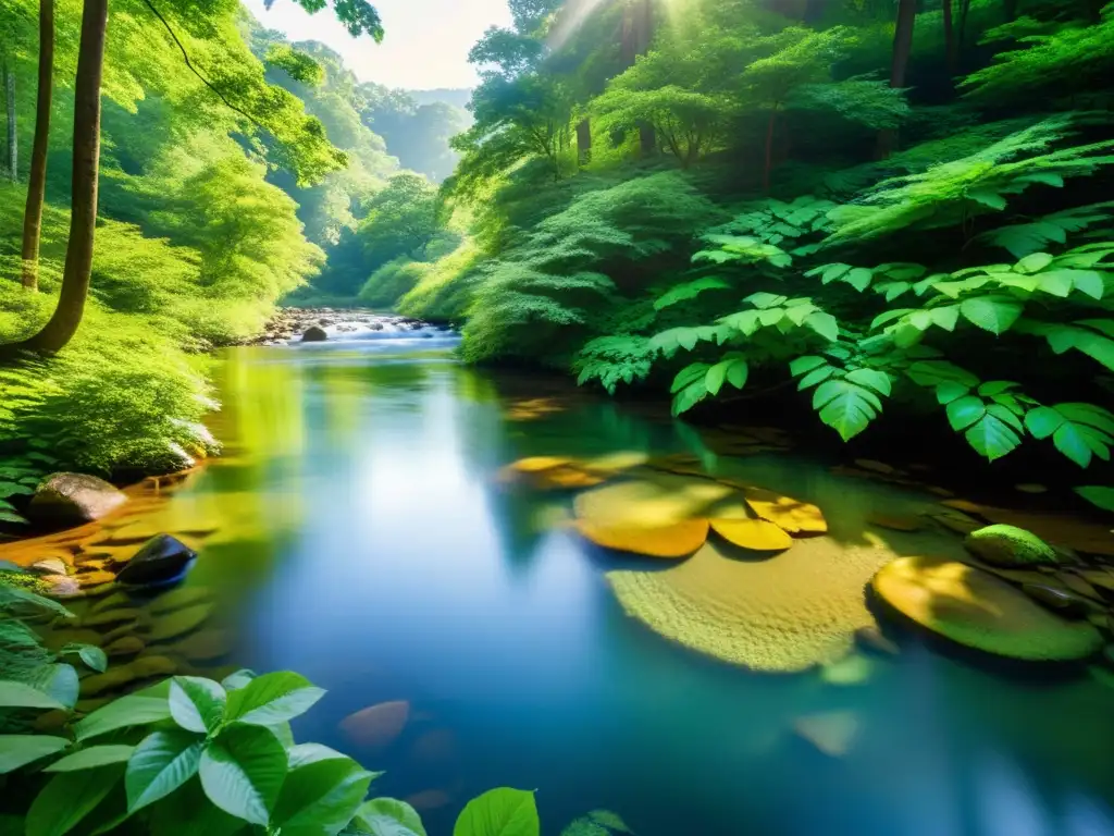 Un bosque exuberante y sereno con un arroyo tranquilo