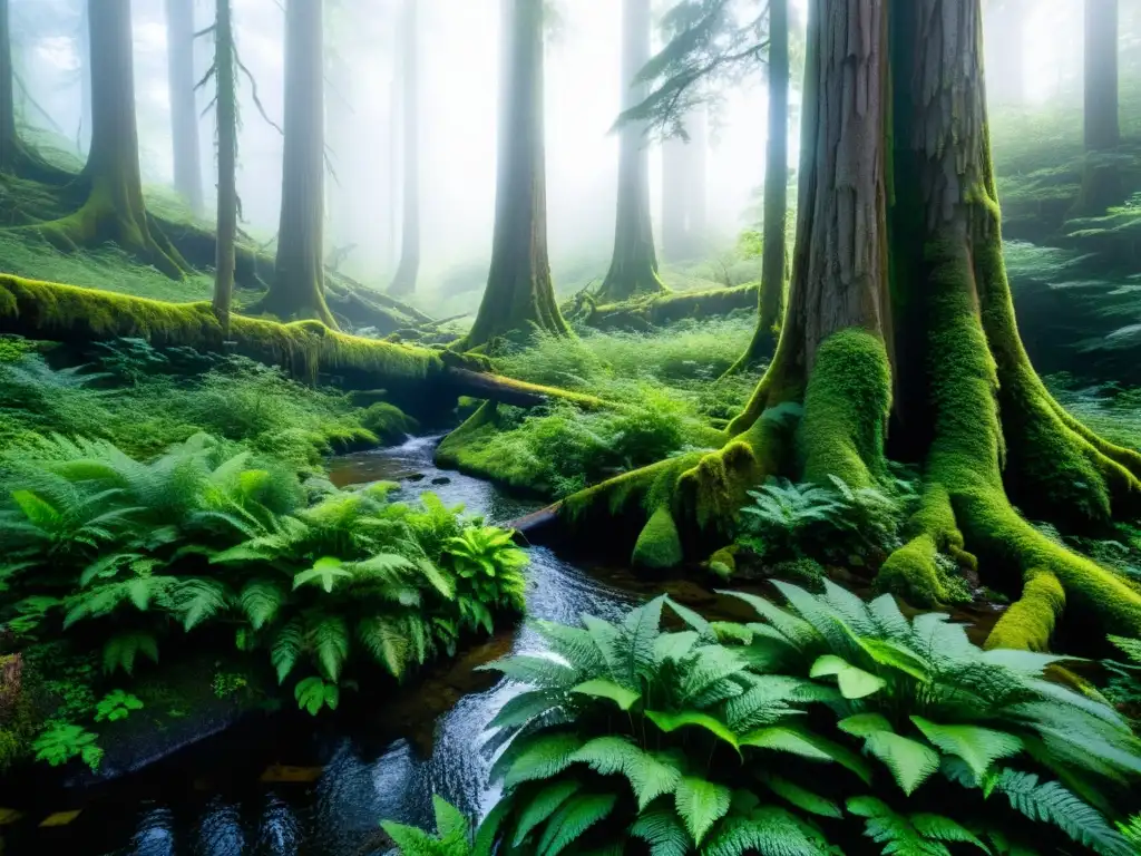 Un bosque exuberante y vibrante, con árboles antiguos y altos, un dosel de luz solar dappled, vegetación exuberante y un arroyo cristalino