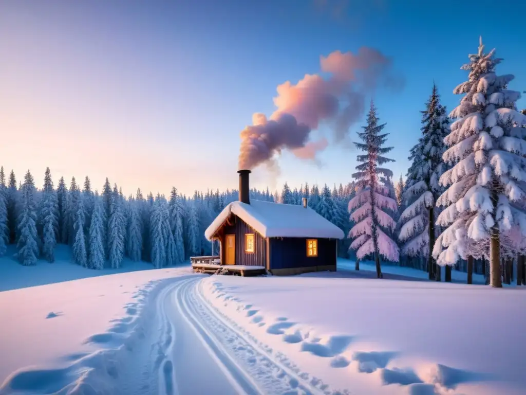 Un bosque nórdico nevado al atardecer con una cabaña iluminada entre los árboles