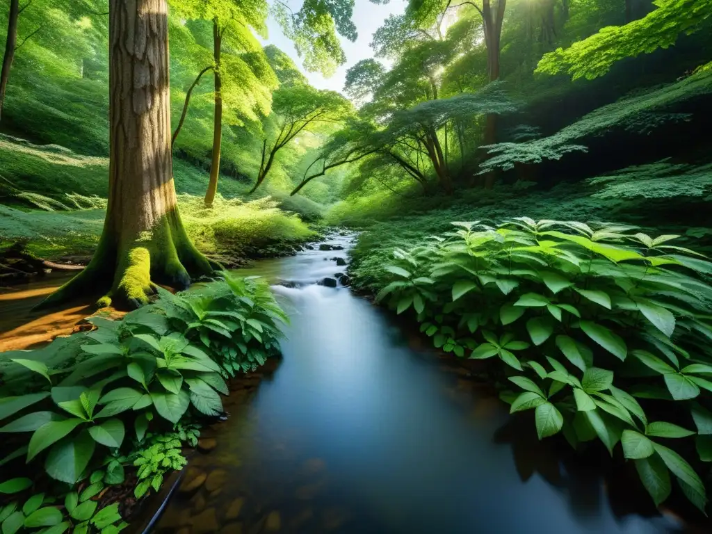 Un bosque sereno con árboles verdes, un arroyo tranquilo y luz filtrándose entre las hojas