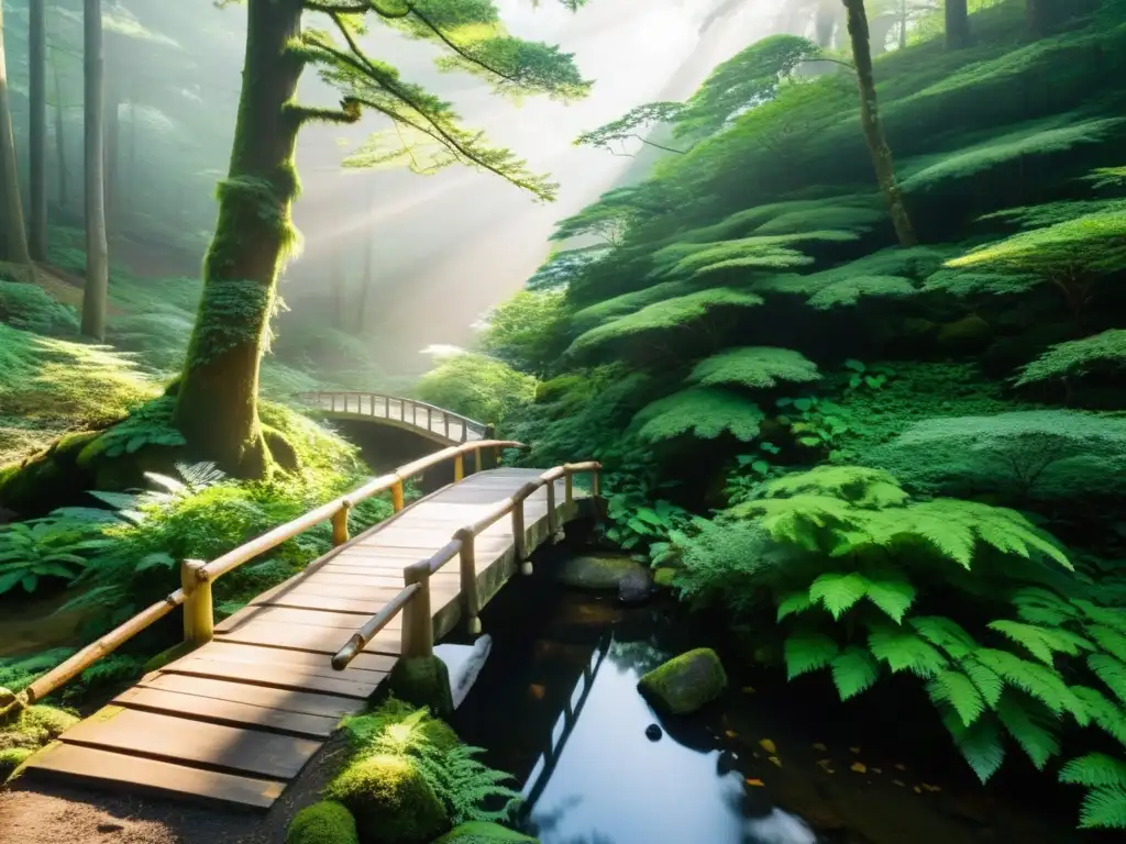 Un bosque sereno y neblinoso en Japón, con cedros imponentes y un arroyo