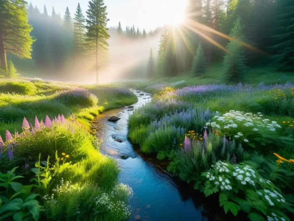 Un bosque sereno y soleado con un arroyo cristalino serpenteante, vibrante vegetación y flores silvestres