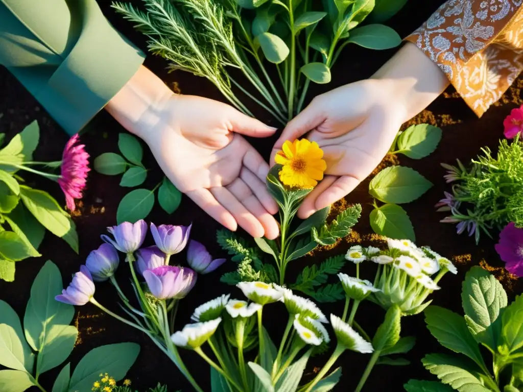 Un botánico sereno arregla flores y hierbas en un jardín, creando rituales botánicos para armonía jardín con reverencia y conexión a la naturaleza