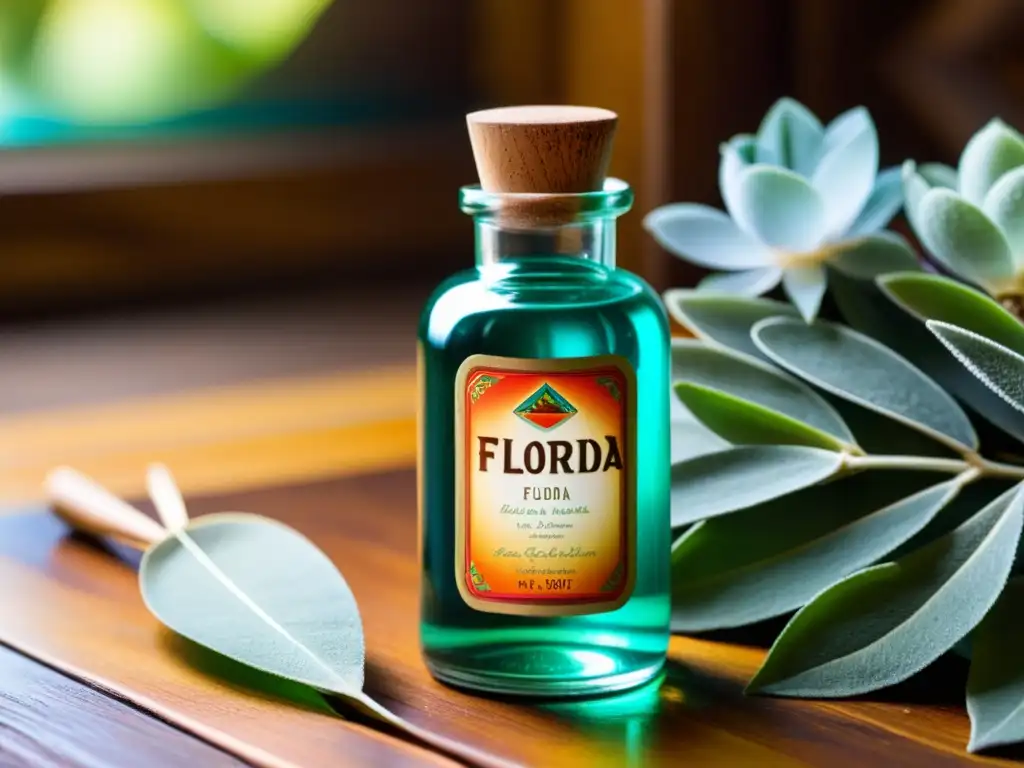 Una botella de Agua de Florida rodeada de cristales y herramientas esenciales para limpieza energética, evocando sabiduría ancestral