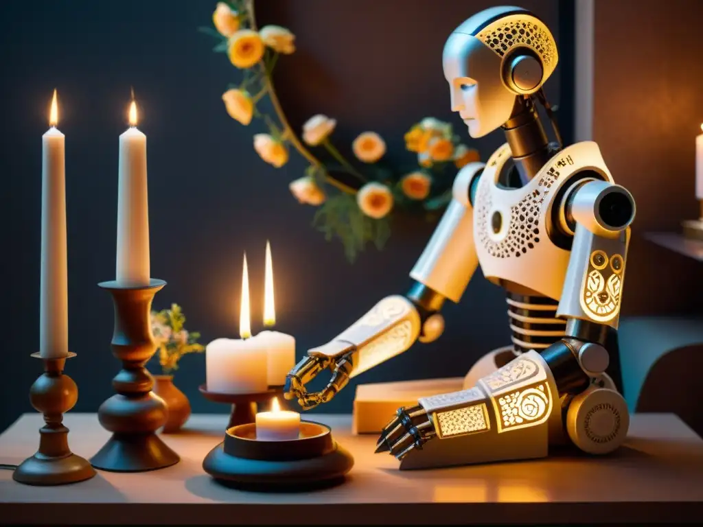 Un brazo robótico futurista adorna un altar tradicional con elementos rituales, fusionando lo antiguo y lo nuevo en un escenario cálido e intrigante que explora el potencial de la inteligencia artificial en los rituales auténticos