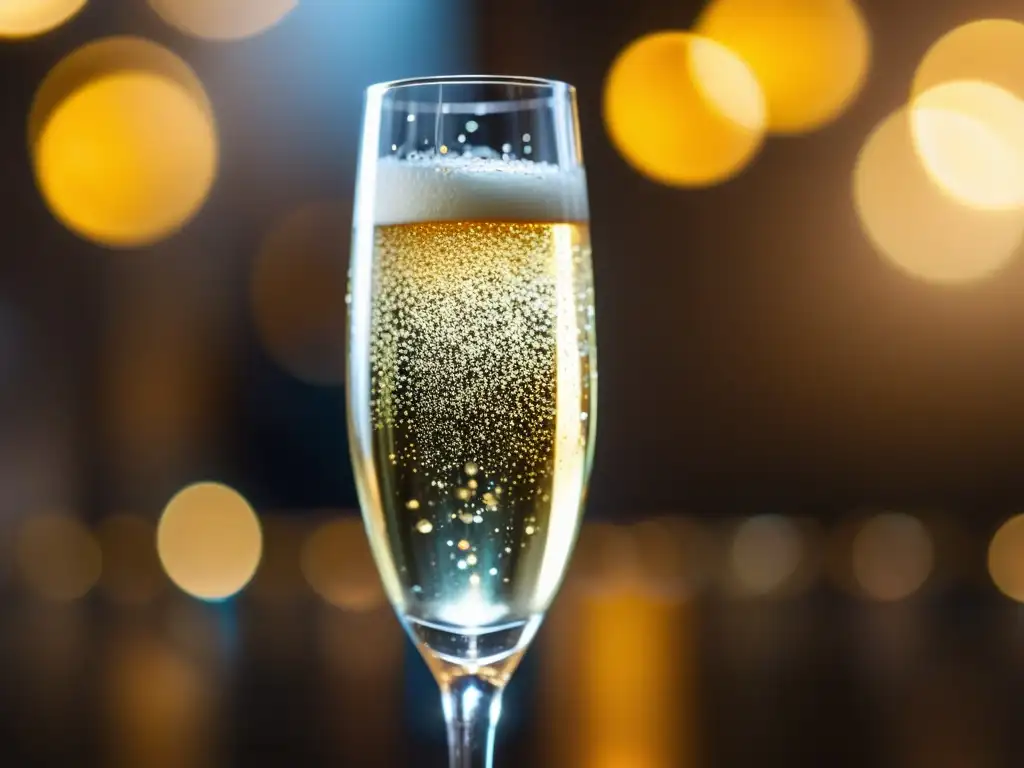 Un brindis con champagne en una atmósfera de celebración y significado, con burbujas doradas y una copa de cristal