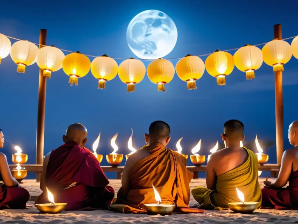 Budistas y devotos reunidos bajo la Luna llena en el Festival Wesak, realizando rituales tradicionales con serena reverencia