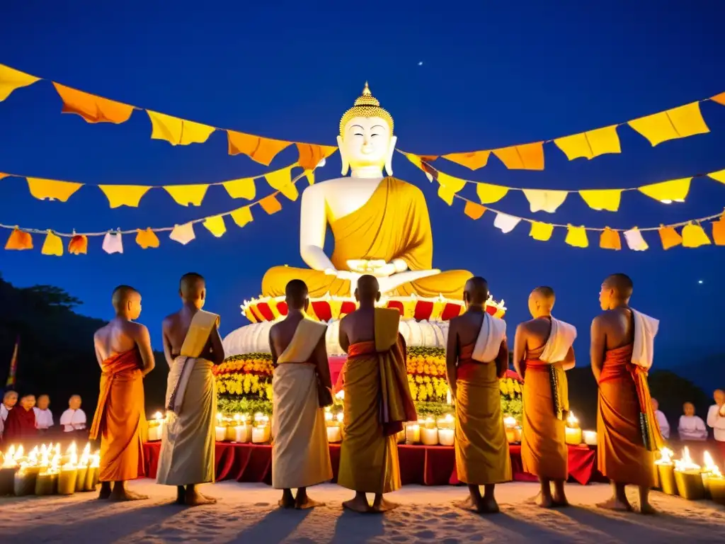 Budistas en Festival Wesak, rituales bajo la Luna llena, estatua del Buda y monjes en saffron