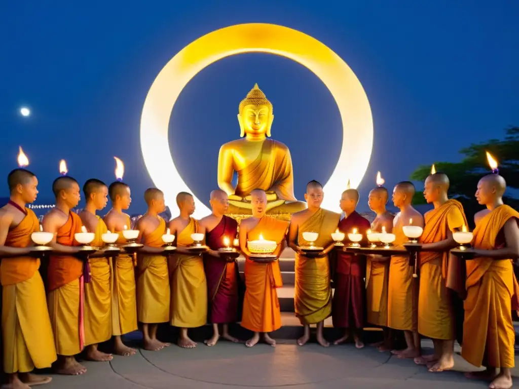 Budistas en Festival Wesak, Luna llena, iluminando estatua de Buda con velas y cánticos espirituales bajo el cielo estrellado