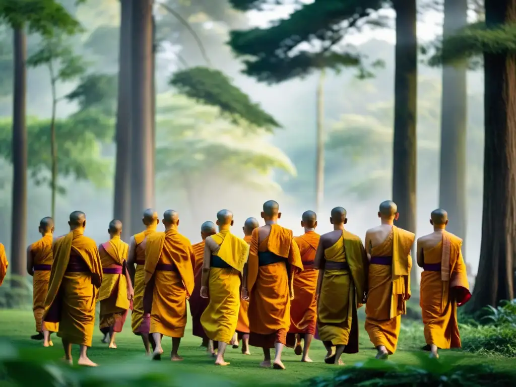 Budistas en saffron realizando rituales de Año Nuevo Budista en un bosque verde al amanecer