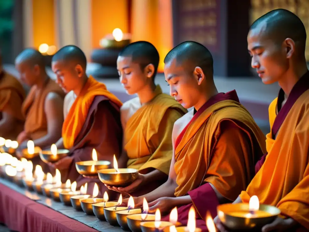 Budistas en saffron realizan rituales de muerte en un altar iluminado por velas y ofrendas florales