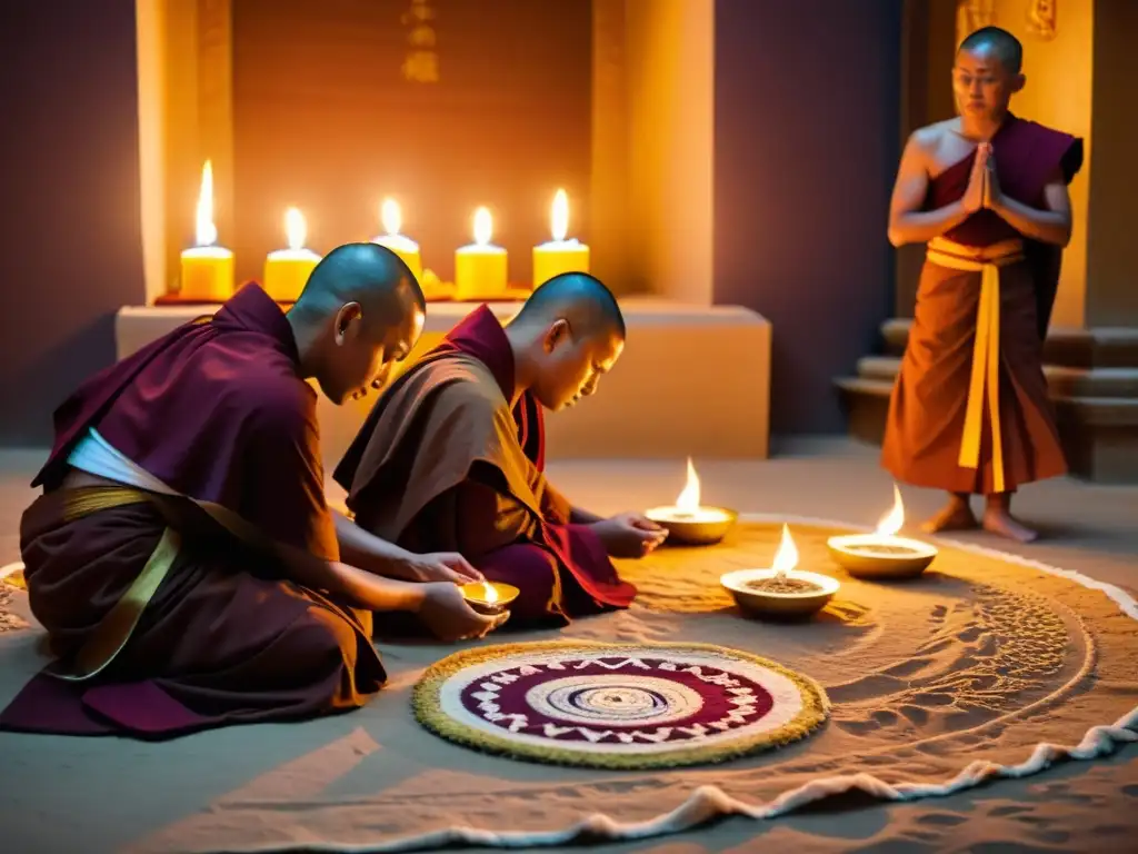 Budistas realizando rituales de muerte en un templo, con mandalas de arena, velas e incienso, creando una atmósfera solemne y reverente