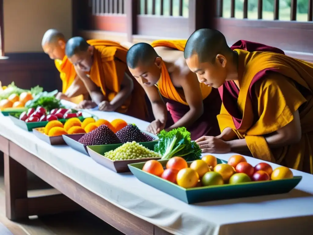 Budistas en saffron preparan ofrendas de alimentos con reverencia en un templo iluminado, ritual de ofrenda de alimentos budismo