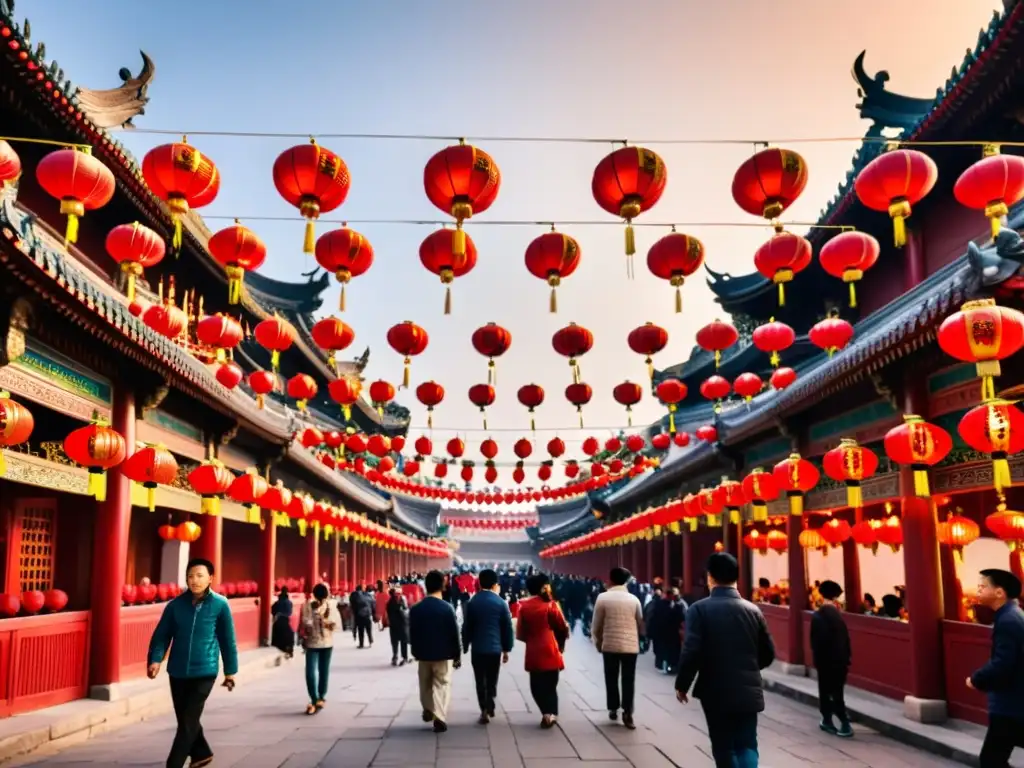 Una bulliciosa calle china llena de linternas rojas, gente y arquitectura tradicional durante la Fiesta de las Linternas en China