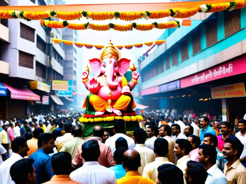 Una bulliciosa calle en Mumbai llena de coloridas decoraciones y multitudes celebrando el ritual de Ganesh Chaturthi