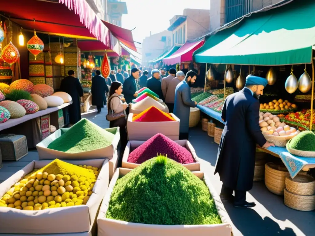 Un bullicioso bazar persa lleno de colores vibrantes y decoraciones tradicionales, con personas comprando elementos esenciales para el Nowruz como huevos coloridos, trigo germinado y otros objetos simbólicos