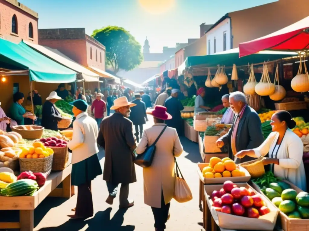 Un bullicioso mercado al aire libre donde personas de diversas culturas participan en tradiciones de trueque en rituales