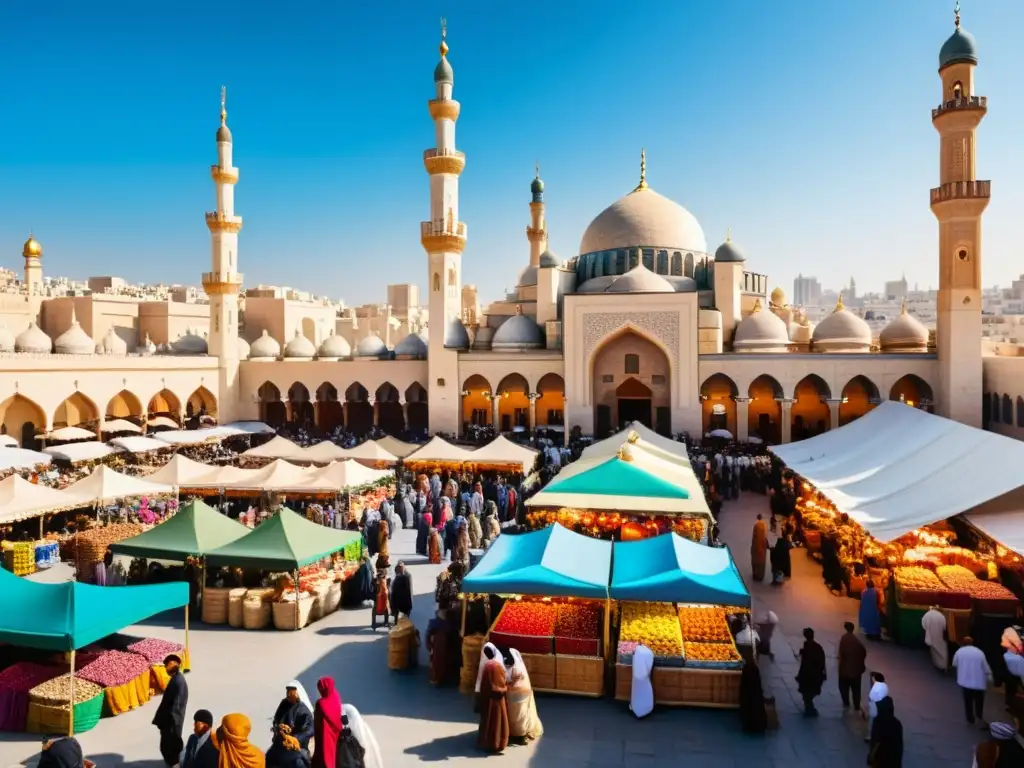 Un bullicioso mercado al aire libre en una ciudad del Medio Oriente durante Eid al-Adha, con vendedores, textiles, especias y atmósfera festiva