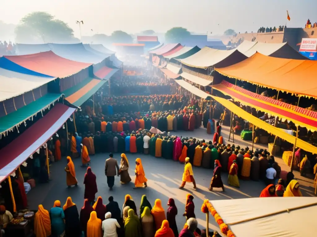 Un bullicioso mercado en el Festival espiritual Kumbh Mela de la India, exhibe textiles, especias y artesanías coloridas