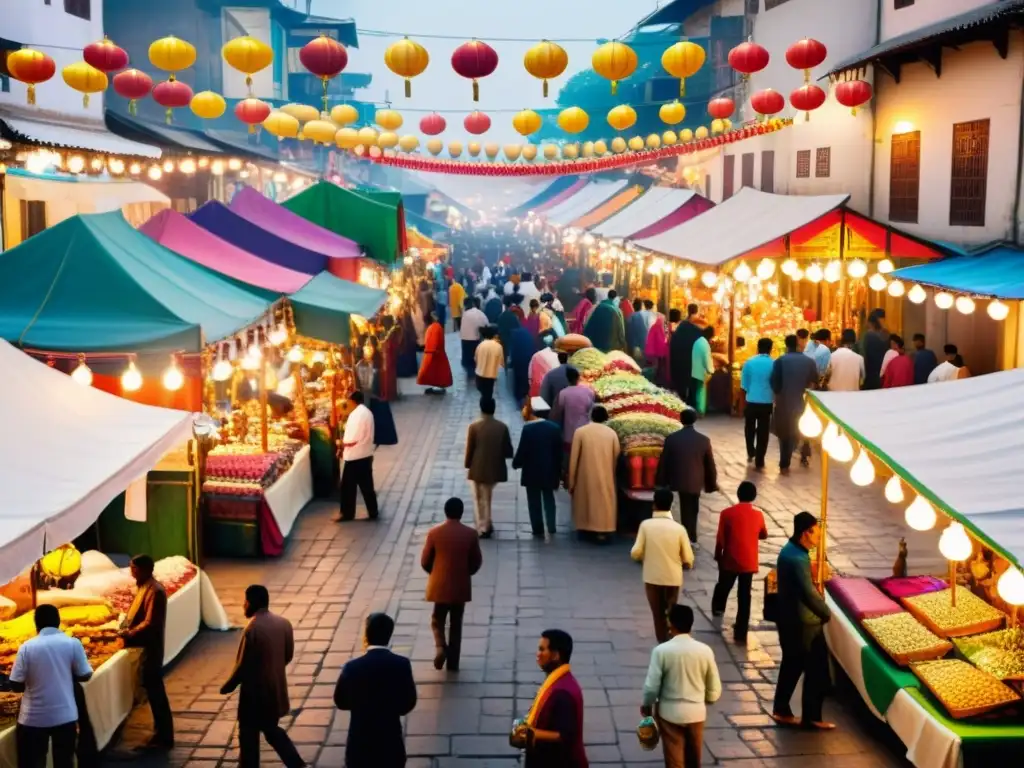 Un bullicioso mercado durante un festival religioso, con puestos coloridos, gente animada y decoraciones vibrantes