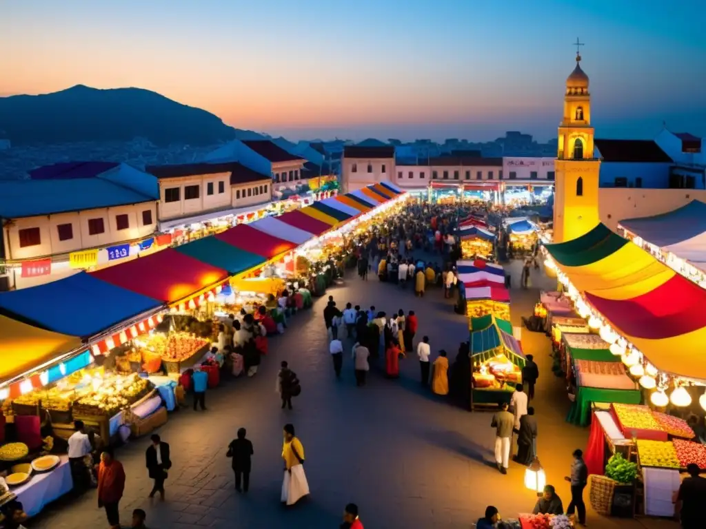 Un bullicioso mercado durante festividad religiosa, con puestos coloridos de comida y artesanías