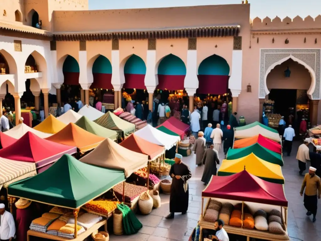 Un bullicioso mercado en Marruecos, con personas de diversas culturas y etnias explorando coloridos puestos llenos de textiles, especias y artesanías tradicionales