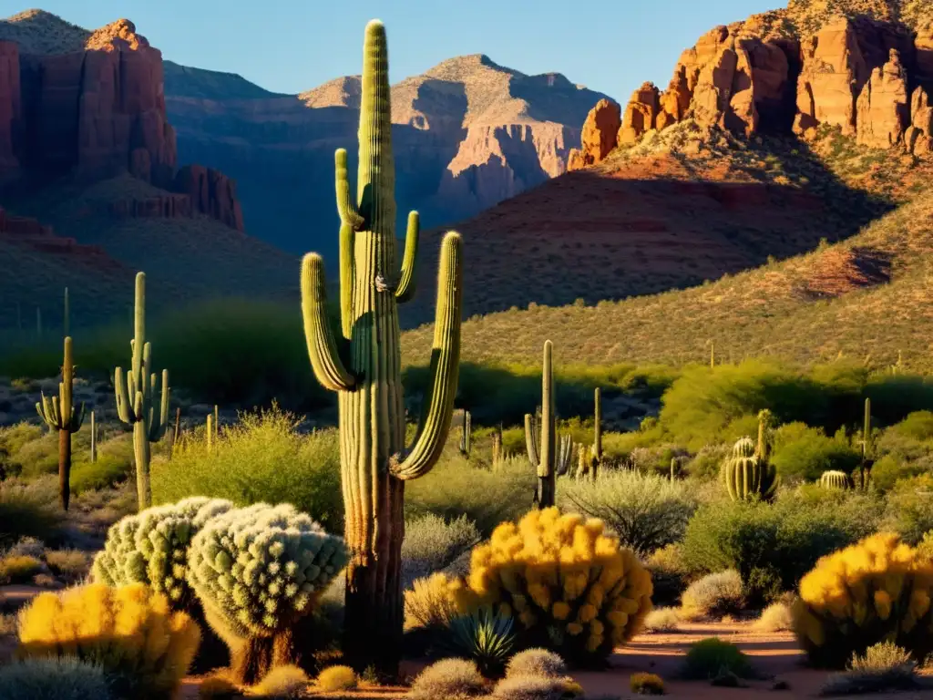 Un cactus saguaro solitario se alza en el desierto de Arizona al atardecer, creando un ambiente espiritual y sereno