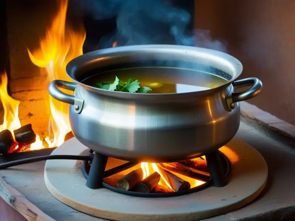 Una caldera mexicana tradicional con caldo sanador de hierbas en un fogón rústico